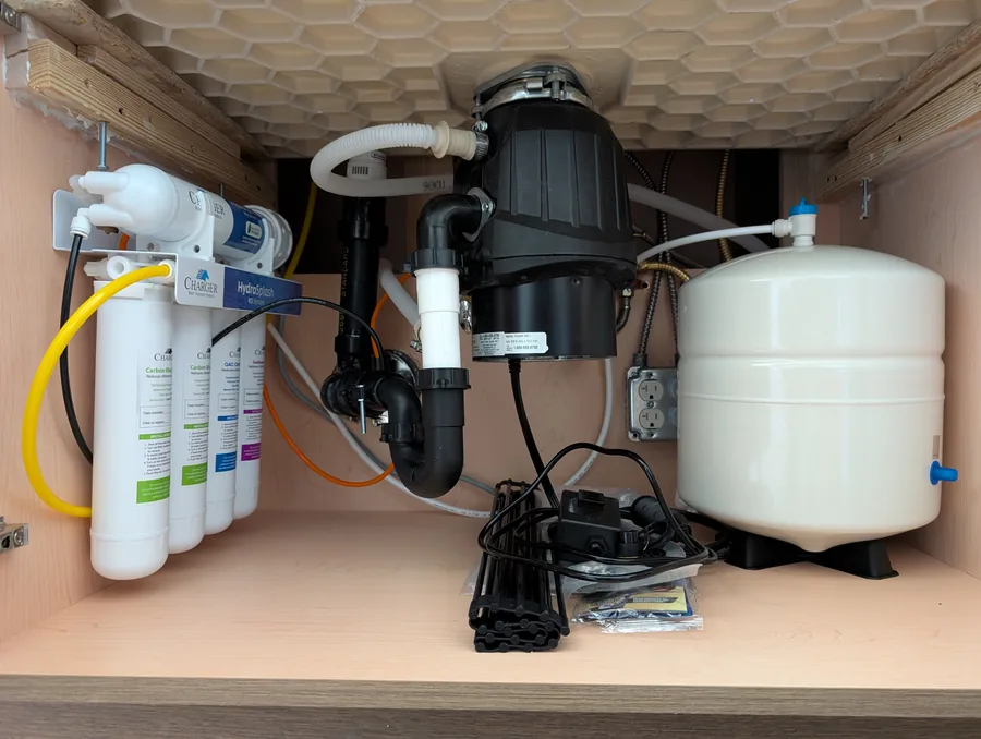 Under-sink reverse osmosis system with four sediment and carbon modules, a membrane, storage tank and dedicated faucet line